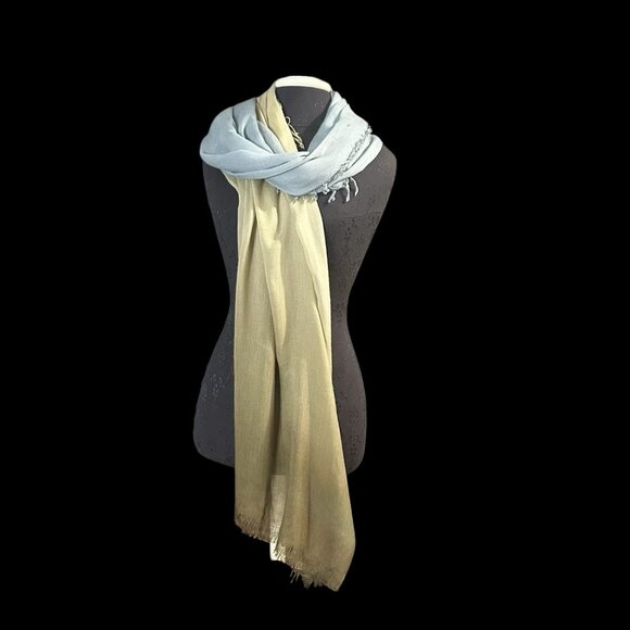 Scarf Ombré Blue Green Long Warm Soft Cotton Raw Edge - Picture 3 of 7